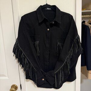 Black Rhinestone Fringe Denim Jacket – Size M